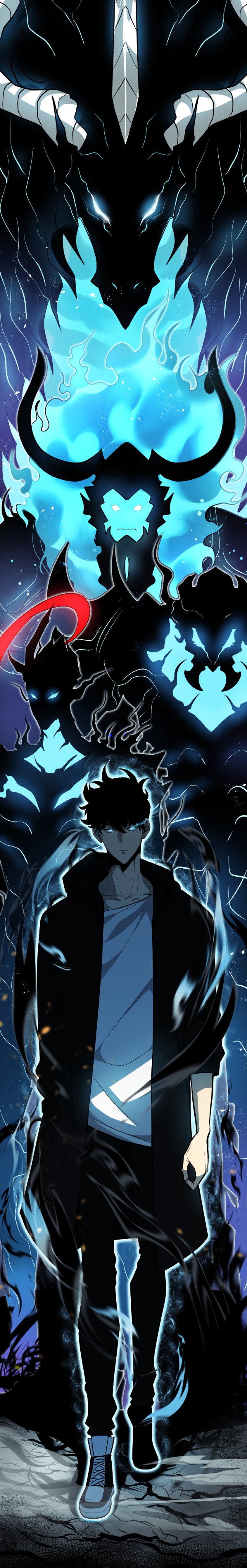 1boy absurdres beru_(solo_leveling) black_hair black_jacket black_pants black_shoes blue_eyes character_request closed_mouth collarbone commentary english_commentary flaming_eye highres igris_(solo_leveling) iron_(solo_leveling) jacket kaisel_(solo_leveling) long_image looking_at_viewer male_focus pants serious shirt shoes solo solo_leveling sung_jin-woo tall_image tuthanh63407224 white_shirt