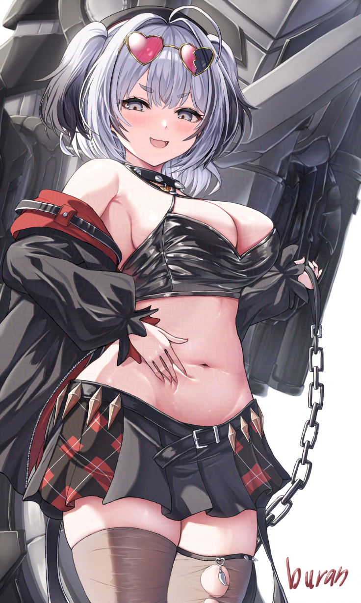 1girl :d azur_lane bare_shoulders black_hair black_skirt blush breasts buran_(22x) choker cleavage clothes_pull crop_top fangs from_below gradient_hair groin hair_between_eyes hand_on_own_stomach hand_up heart heart-shaped_eyewear highres hip_focus jacket jacket_pull looking_at_viewer looking_down medium_breasts medium_hair miniskirt multicolored_hair navel open_clothes open_jacket open_mouth pleated_skirt purple_eyes rigging skirt smile smug solo spiked_choker spikes stomach thighhighs thighs torn_clothes torn_thighhighs white_hair z13_(azur_lane)