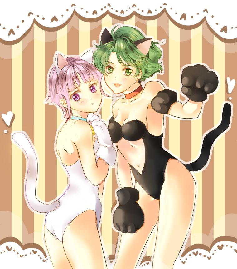 2girls :o alternate_hair_color animal_ears aya_kobayashi black_leotard blue_choker breasts brown_background cat_ears cat_girl cat_tail choker clothing_cutout eri. green_eyes green_hair hand_up heart height_difference kemonomimi_mode leotard light_blush looking_at_viewer mai_kobayashi multiple_girls navel_cutout orange_choker parted_lips paw_pose pink_hair purple_eyes small_breasts straight_hair strapless strapless_leotard striped_background super_robot_wars tail tail_raised white_leotard