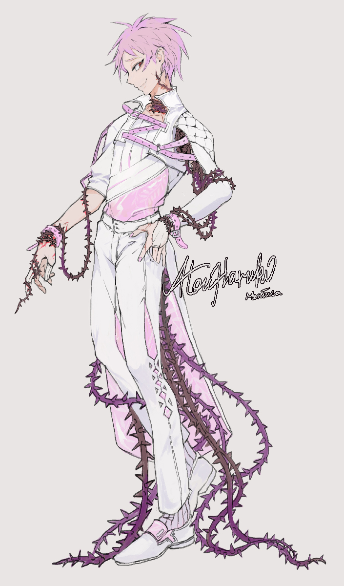 1boy alternate_costume atou_haruki belt blood blood_on_arm character_name closed_mouth commentary_request fingerless_gloves full_body gloves grey_background hand_on_own_hip highres long_sleeves male_focus meniusa_lau pants pink_hair pink_nails purple_socks red_eyes saibou_shinkyoku shoes short_hair simple_background single_fingerless_glove single_glove smile socks solo spoilers thorns white_belt white_gloves white_pants white_shoes