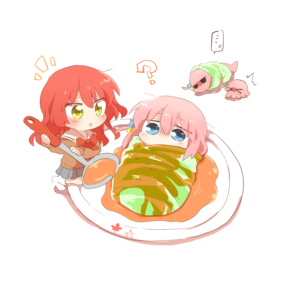 &gt;_&lt; ... 2girls ? ^^^ blue_eyes bocchi_the_rock! brown_shirt cube_hair_ornament food food_request gotoh_hitori gotoh_hitori_(tsuchinoko) grey_skirt hair_between_eyes hair_ornament holding in_food kita_ikuyo ladle long_hair mini_person minigirl multiple_girls notice_lines one_side_up pink_hair plate pleated_skirt rebecca_(keinelove) red_hair sailor_collar shirt skirt socks spoken_ellipsis teardrop white_sailor_collar white_socks yellow_eyes