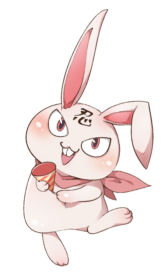 :3 animal animal_ears animal_focus blush buck_teeth facial_mark floppy_ears forehead_mark holding holding_party_popper kinako_(mzknk0) looking_at_viewer ninto_(senran_kagura) no_humans open_mouth party_popper rabbit rabbit_ears rearing red_eyes red_scarf scarf senran_kagura senran_kagura_shoujo-tachi_no_shin&#039;ei simple_background smile solo standing standing_on_one_leg teeth translation_request white_background