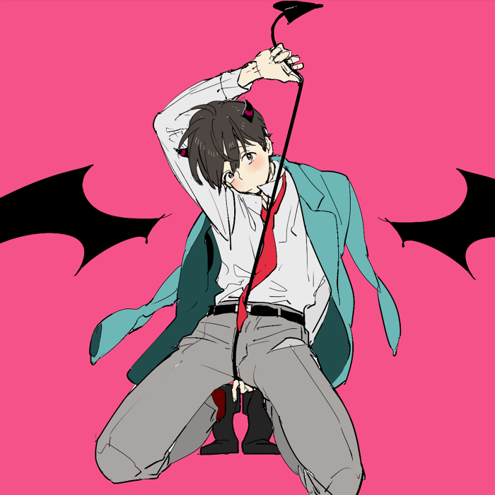 1boy arm_up between_legs blush closed_mouth collared_shirt demon_boy demon_horns demon_tail demon_wings full_body hair_between_eyes head_tilt holding_own_tail horns kneeling light_blue_jacket looking_at_viewer male_focus matsuno_osomatsu mojisan_(ebimo) necktie osomatsu-san osomatsu_(series) pink_background red_eyes red_necktie shirt short_hair simple_background solo spread_legs tail tail_between_legs white_shirt wings