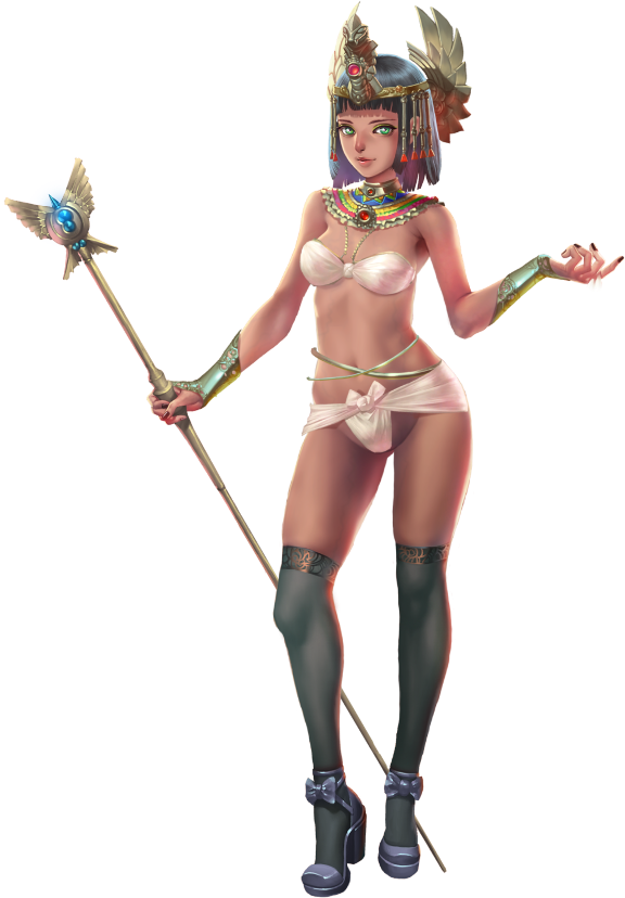 1girl ancient_egyptian_clothes artist_request bare_arms black_bow black_hair bow bra breasts cleavage crystal_maiden_(series) full_body game_cg green_eyes groin high_heels holding holding_staff kebi_(crystal_maidens) nail_polish navel official_art solo staff transparent_background underwear usekh_collar variant_set white_bra