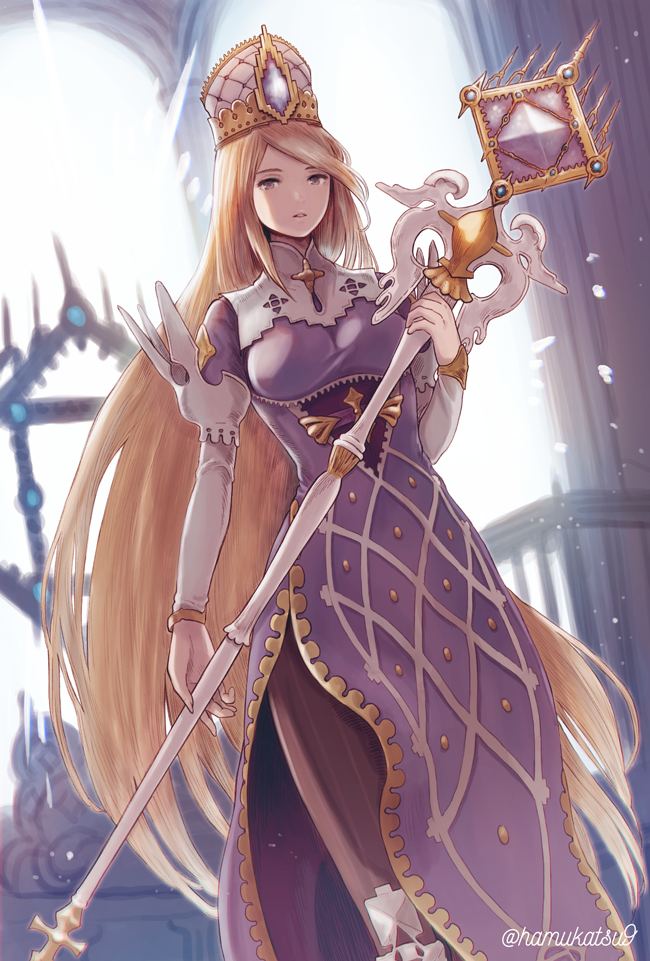 1girl blonde_hair breasts crown eris_(shadowverse) hat long_hair looking_at_viewer ma-hain-scarlet medium_breasts mitre pantyhose purple_eyes shadowverse solo staff very_long_hair