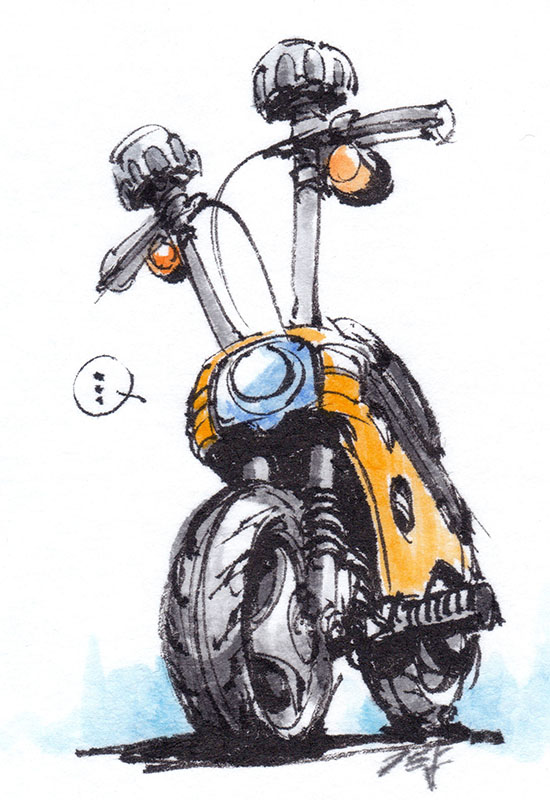 ... cable hi_fumiyo honda honda_motocompo motor_vehicle no_humans original scooter shadow speech_bubble spoken_ellipsis traditional_media vehicle_focus white_background