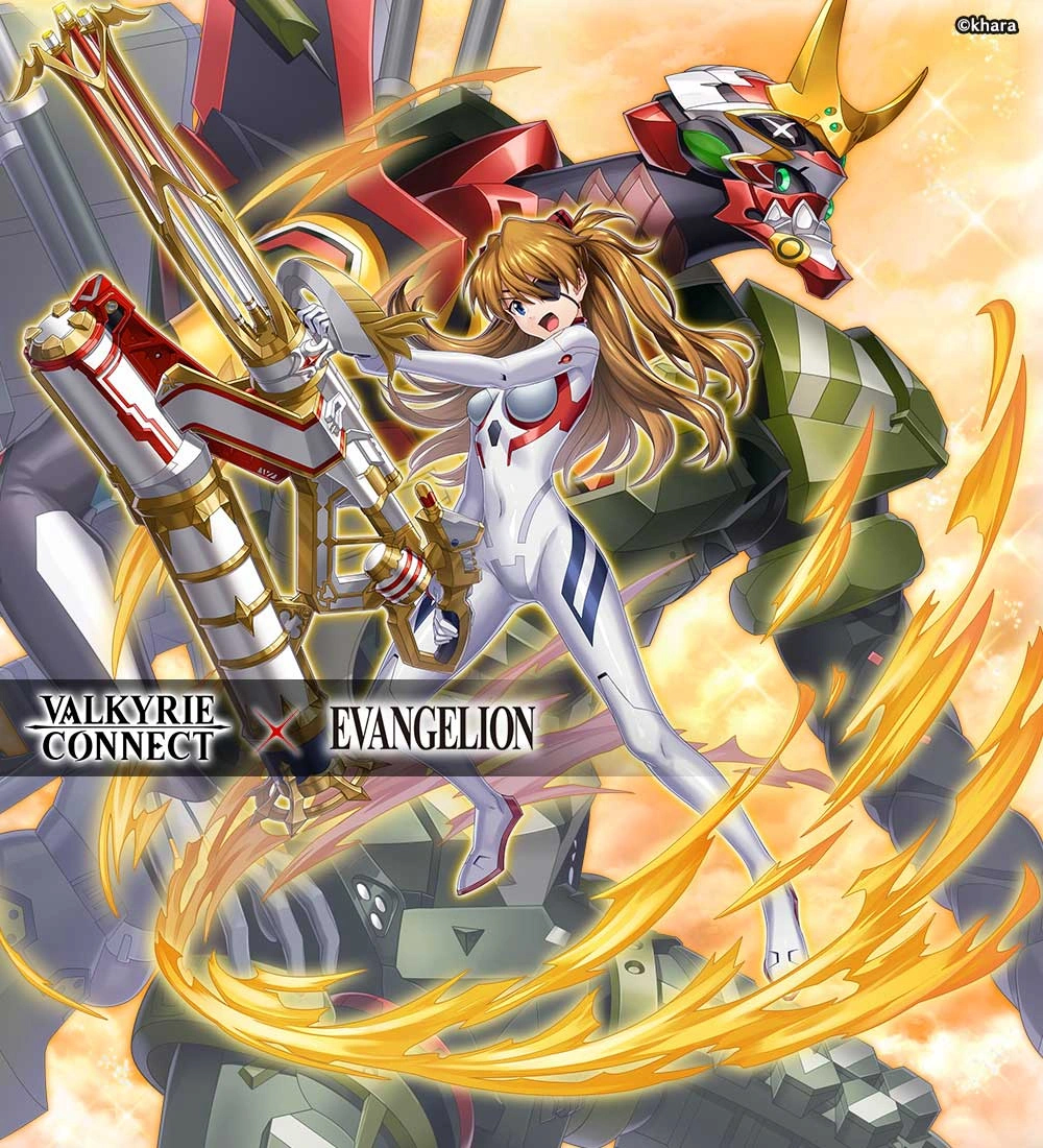 1girl blue_eyes bodysuit breasts brown_hair copyright_name covered_navel cowboy_shot crossover dated eva_02 evangelion:_3.0+1.0_thrice_upon_a_time floating_hair full_body gloves holding holding_weapon logo long_hair looking_at_viewer mecha mecha_pilot_suit multiple_others neon_genesis_evangelion official_art plugsuit_(evangelion) rebuild_of_evangelion robot shiny_clothes skin_tight sky solo souryuu_asuka_langley teeth title translation_request two_side_up valkyrie_connect very_long_hair watermark weapon white_bodysuit wide_hips