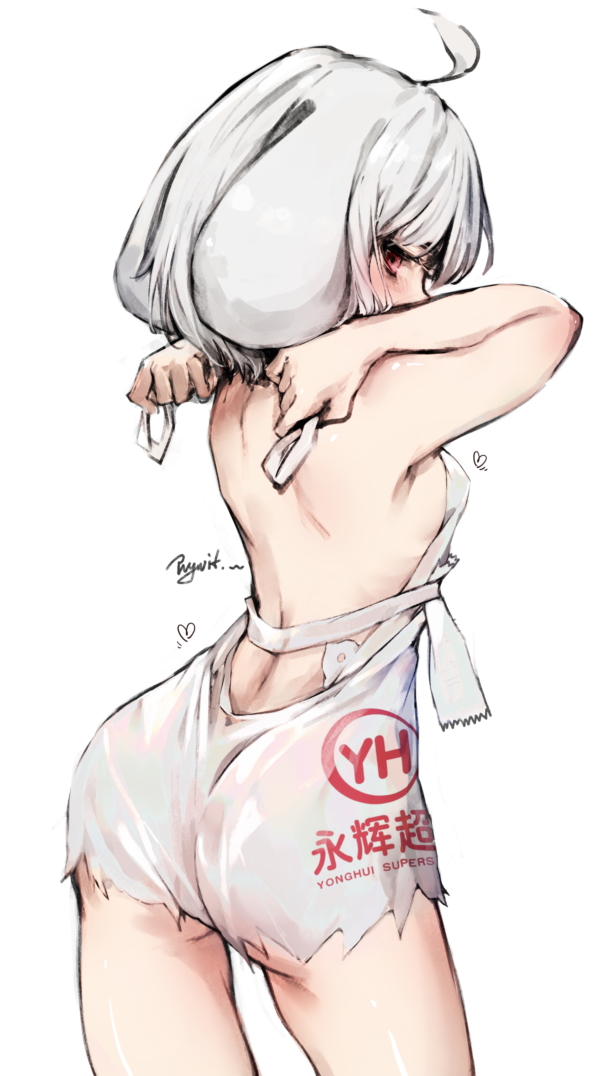 1girl absurdres ahoge artist_name backless_dress backless_outfit breasts commentary cowboy_shot dress dressing from_behind grey_hair highres no_bra original plastic_bag_dress product_placement pugwit red_eyes short_hair sideboob simple_background small_breasts solo white_background white_dress yonghui_superstores