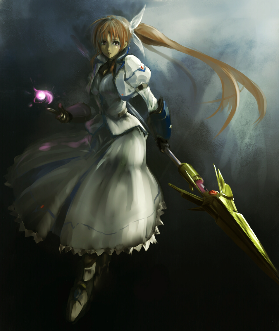 00s 1girl brown_hair female_focus gauntlets gloves long_hair lyrical_nanoha mahou_shoujo_lyrical_nanoha raising_heart raising_heart_(exceed_mode) skirt skirt_set solo staff takamachi_nanoha takamachi_nanoha_(exceed_mode) twintails vest wagashi_(okashina) weapon