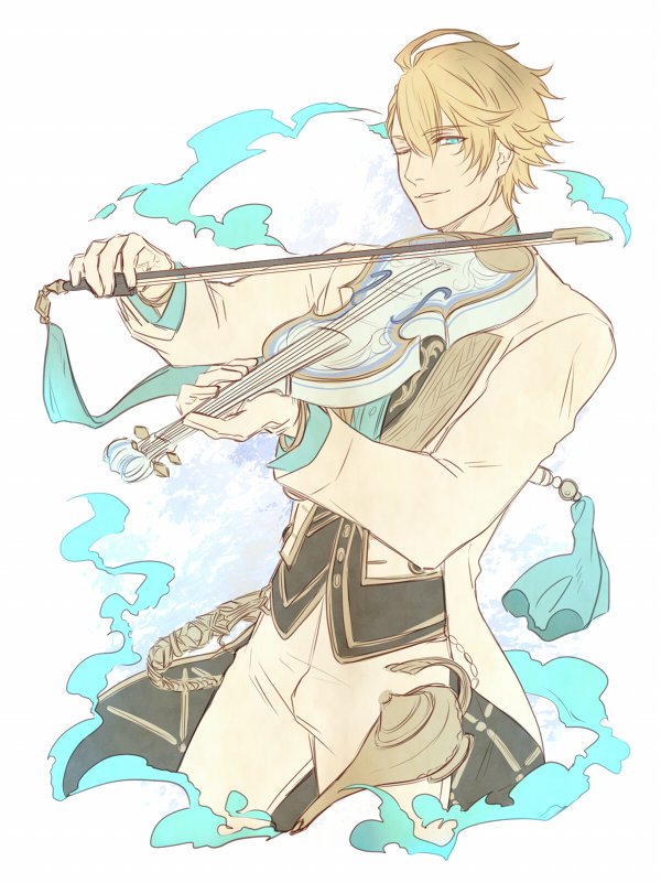 1boy ahoge aladdin_(sinoalice) blonde_hair blue_eyes formal_clothes gloves gold_trim instrument lamp looking_at_viewer male_focus music okasi_mgmgmg one_eye_closed pants parted_lips playing_instrument short_hair simple_background sinoalice sketch smile solo suit tassel violin white_background white_gloves
