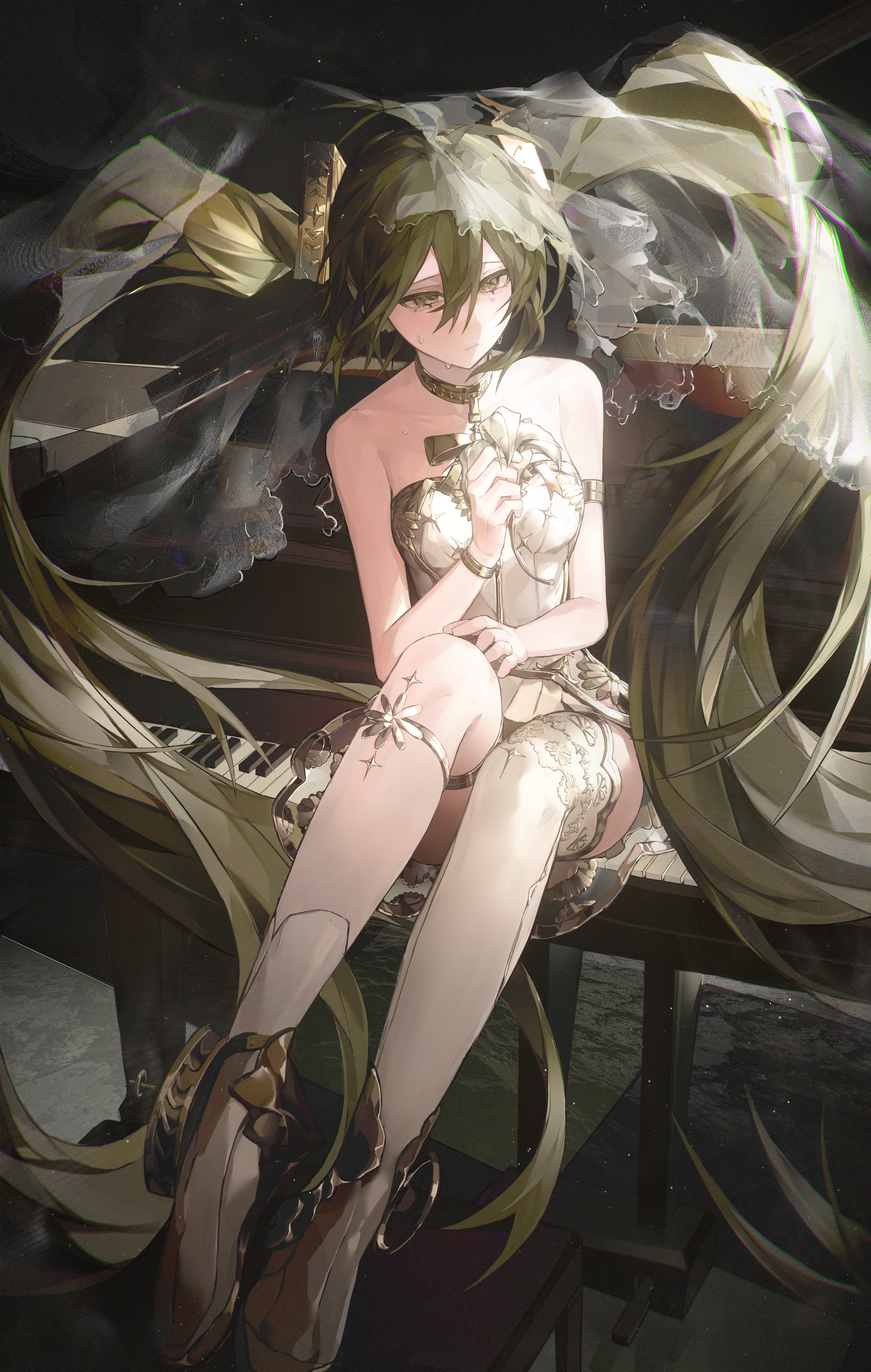 1girl :/ absurdly_long_hair absurdres asymmetrical_legwear bare_shoulders brown_shoes chair closed_mouth commentary crying crying_with_eyes_open dress flower full_body gold_choker gramophone_miku green_eyes green_hair hair_between_eyes hair_ornament hatsune_miku highres holding holding_flower instrument long_hair miku_symphony_(vocaloid) piano shoes sitting socks solo symbol-only_commentary tears thighhighs twintails uneven_legwear veil very_long_hair vocaloid watermark weibo_watermark white_dress white_flower white_socks white_thighhighs zadun