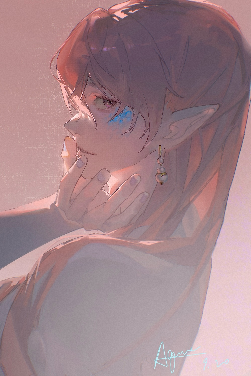1boy bishounen blue_nails blue_scales brown_eyes chinese_commentary code:_kite commentary_request earrings eyelashes fingernails from_side gradient_background hair_over_shoulder hand_on_own_chin highres jewelry light_smile lips long_hair long_sleeves looking_at_viewer male_focus meiri_baoshi_maidanglao orange_hair parted_lips pink_background pointy_ears shirt signature solo upper_body white_shirt yuan_ji_(code:_kite)