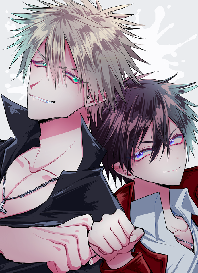 2boys artist_request bad_id bad_twitter_id black_hair blue_eyes clenched_hand cross cross_necklace darren_shan fist_bump green_eyes grin jewelry male_focus multiple_boys necklace short_hair smile steve_leonard the_saga_of_darren_shan white_hair
