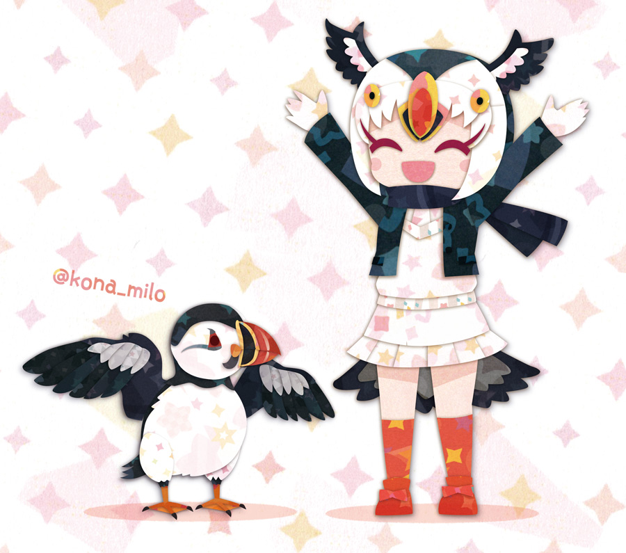 1girl animal atlantic_puffin atlantic_puffin_(kemono_friends) bird bird_girl bird_tail bird_wings blazer feathered_wings gloves head_wings jacket kemono_friends kikuchi_milo multicolored_hair scarf shirt shoes short_hair simple_background skirt socks sweater tail white_hair wings