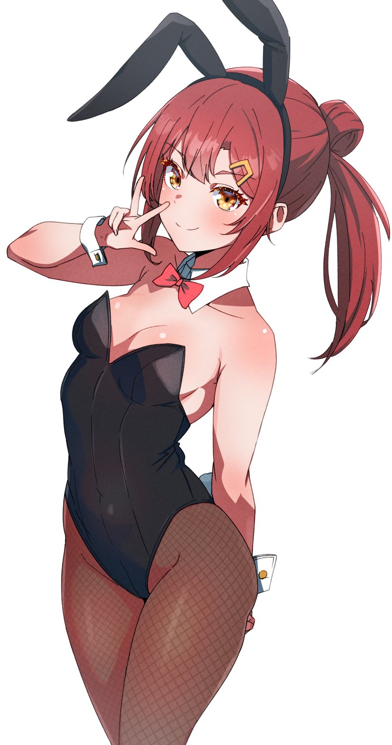 1girl bare_shoulders blush breasts fishnets highres kamidan leotard original playboy_bunny ponytail red_hair risa_(kamidan) small_breasts smile v white_background yellow_eyes