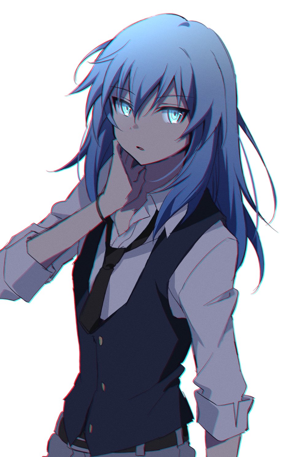 1boy ansatsu_kyoushitsu belt black_belt black_necktie black_vest blue_eyes blue_hair chromatic_aberration collared_shirt cowboy_shot film_grain glowing glowing_eyes grey_pants hair_between_eyes hair_down hair_tie_on_wrist hand_on_own_neck highres kunugigaoka_middle_school_uniform long_hair looking_at_viewer male_focus necktie open_mouth pants partially_unbuttoned school_uniform shiota_nagisa shirt sidelocks simple_background sleeves_rolled_up vest white_background white_shirt yur11