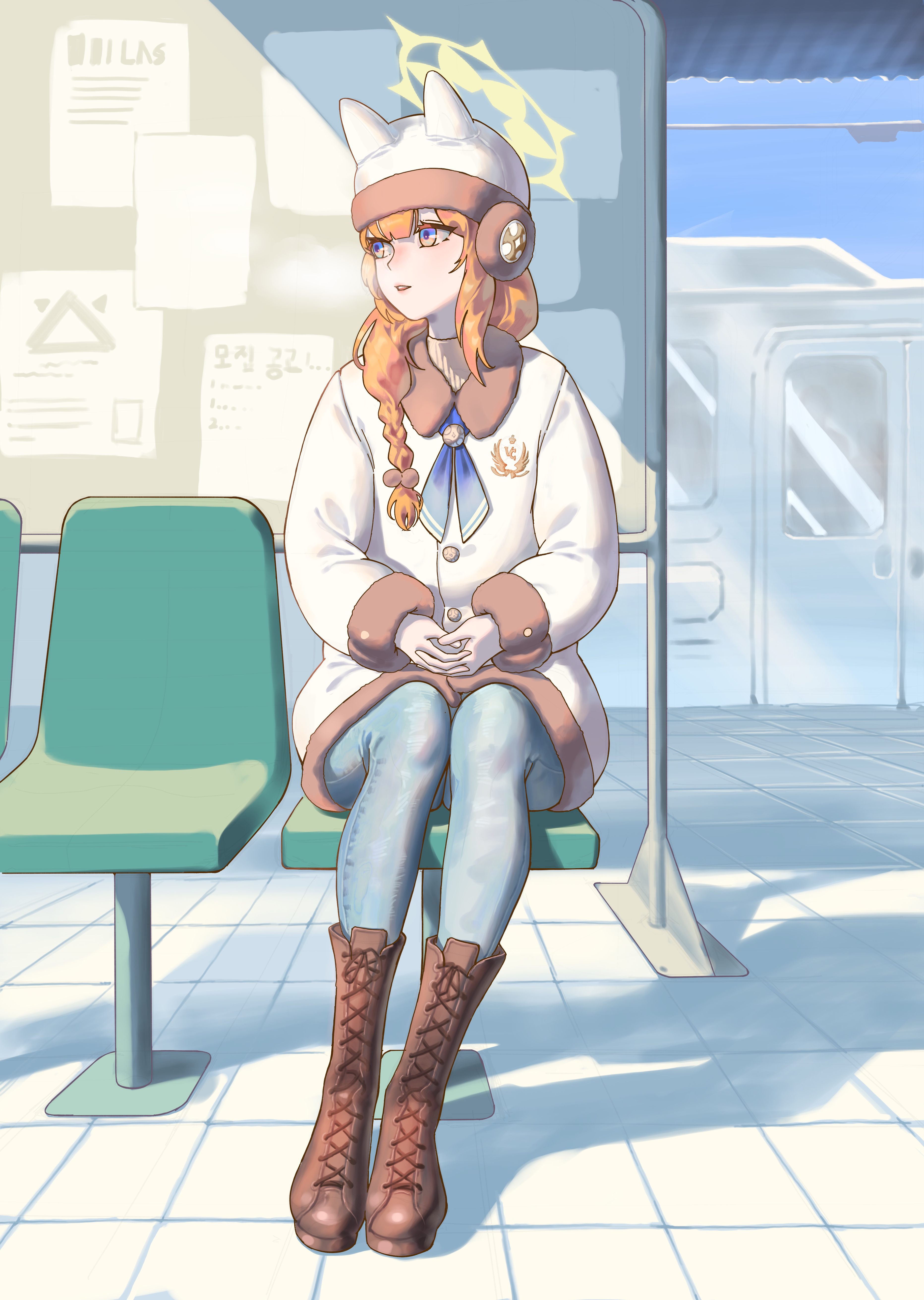 1girl absurdres alternate_costume animal_ear_headwear blue_archive blue_eyes blue_neckerchief boots braid brown_boots cat_girl chojja denim fake_animal_ears fur_trim hat highres jacket jeans long_hair mari_(blue_archive) neckerchief orange_hair own_hands_together pants sidelocks single_braid sitting solo steam_from_mouth train train_station very_long_hair white_hat white_jacket