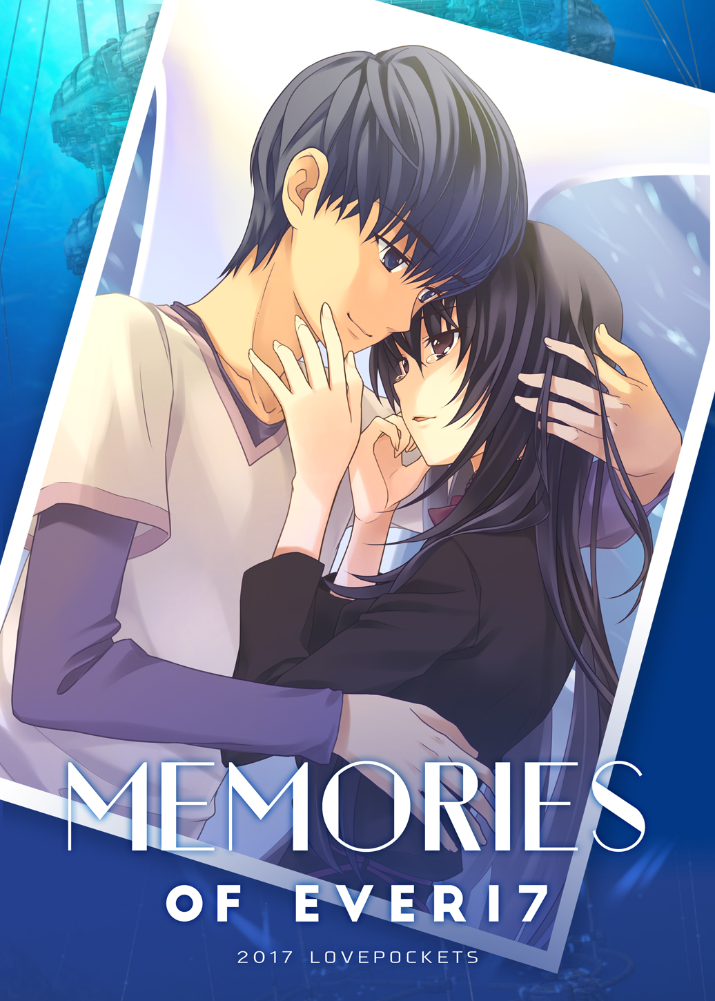 1boy 1girl black_dress black_eyes black_hair blue_eyes commentary_request dress ever_17 highres hug komachi_tsugumi kuranari_takeshi long_hair looking_at_another photo_(object) shirt smile takigawa_yuu tearing_up underwater upper_body