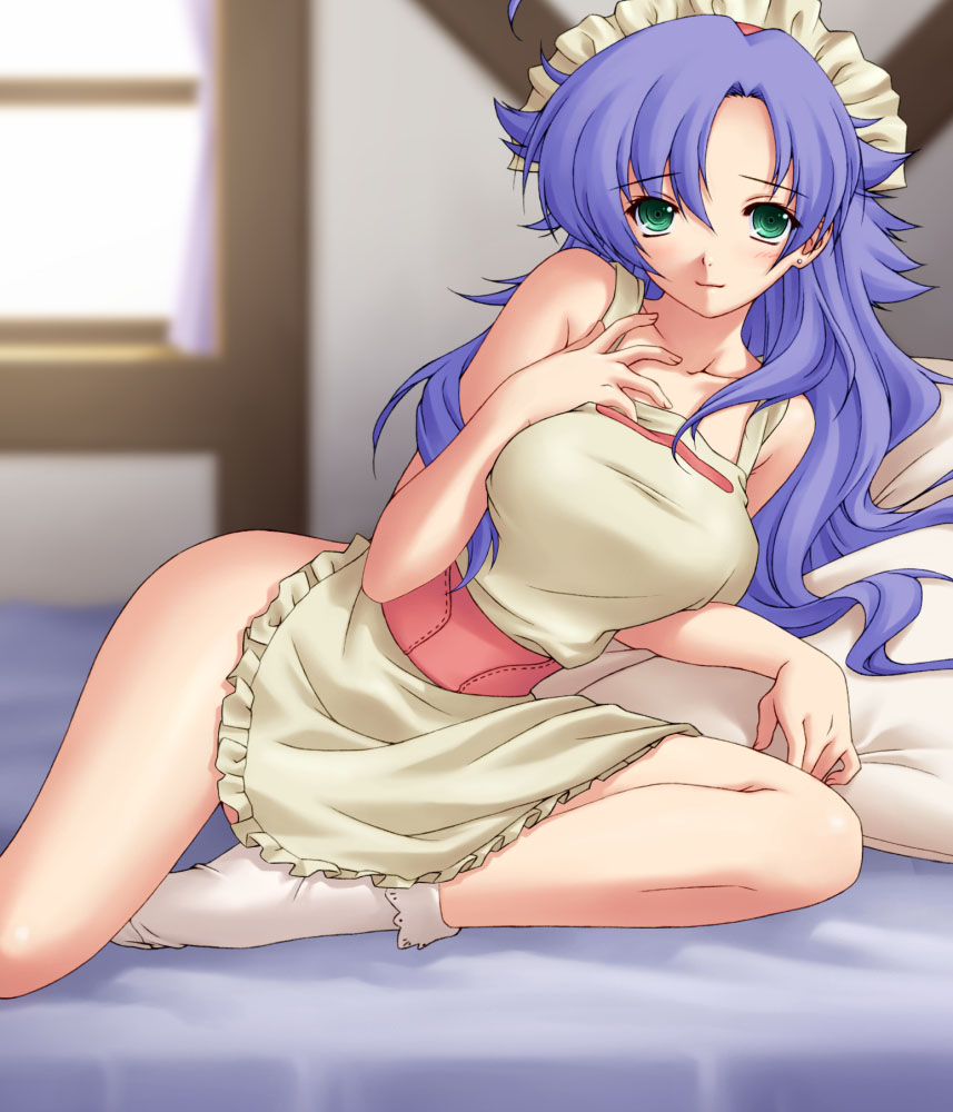 1girl 2000s_(style) ahoge apron blue_hair blurry blurry_background blush breasts closed_mouth collarbone commentary_request day earrings foot_out_of_frame game_available green_eyes hair_between_eyes indoors jewelry kafra_uniform kazuma_muramasa large_breasts long_hair looking_at_viewer maid_headdress naked_apron pavianne_(ragnarok_online) pillow ragnarok_online smile socks solo stud_earrings variant_set white_apron white_socks window
