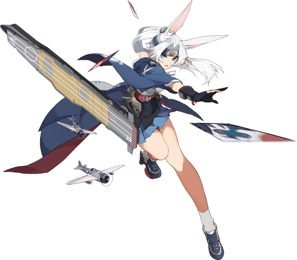 1girl aircraft airplane animal_ears azur_lane black_gloves blue_eyes blue_shoes blue_skirt bomber breasts chrysanthemum dive_bomber eyebrows eyebrows_visible_through_headband facing_away female_focus flight_deck flower full_body gloves hair_intakes hair_ornament headband hiryuu_(azur_lane) japanese_clothes kikumon long_hair machinery miniskirt official_art open_mouth partially_fingerless_gloves pleated_skirt ponytail rabbit_ears shoes single_glove skirt small_breasts socks solo tongue transparent_background underbust white_hair white_socks xiao_(ye_yiaoxi)