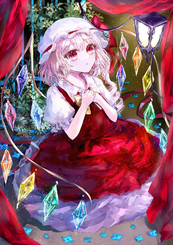 1girl ascot bat_wings blonde_hair crystal flandre_scarlet hat hat_ribbon kneeling lamp mob_cap multicolored_wings one_side_up own_hands_together plant potted_plant puffy_short_sleeves puffy_sleeves red_eyes red_skirt red_vest ribbon short_sleeves side_ponytail skirt skirt_set solo suzushina touhou vest white_hat wings yellow_ascot
