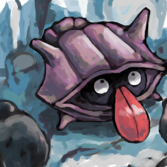 black_eyes commentary creatures_(company) english_commentary game_freak gen_1_pokemon looking_up nintendo no_humans pokemon pokemon_(creature) rock sailorclef shell shellder solo tongue tongue_out