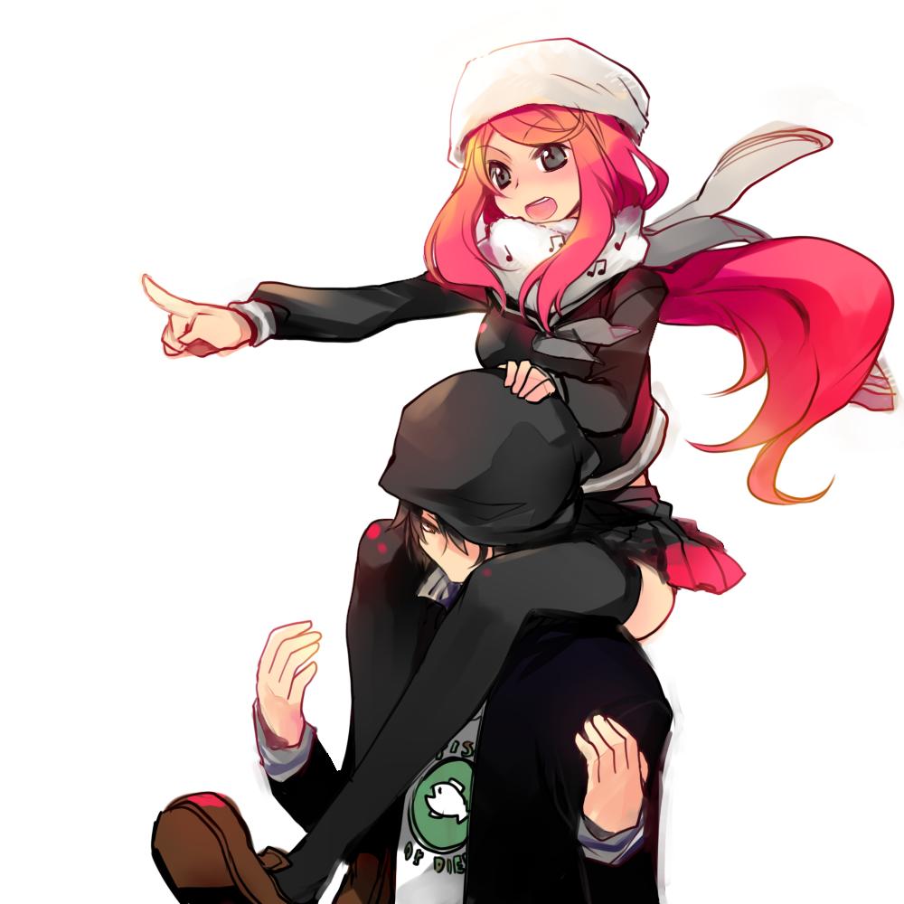 10s 1boy 1girl ban_airi beanie black_hair black_legwear carrying devil_survivor_(series) devil_survivor_2 hat long_hair miyu_(matsunohara) pointing red_hair scarf short_hair shoulder_carry simple_background sitting_on_shoulder torii_jungo