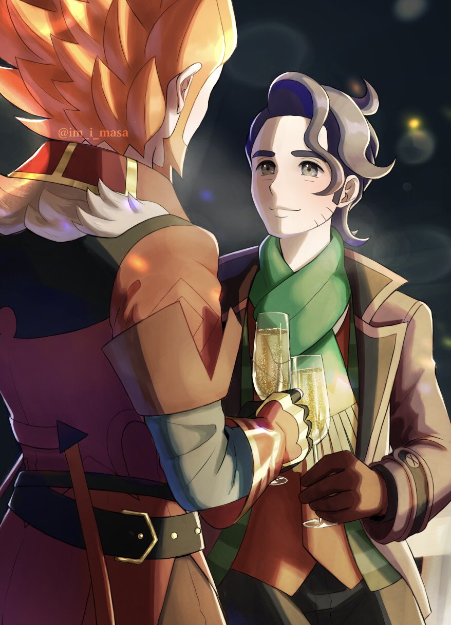 2boys alcohol belt black_hair champagne closed_mouth commentary_request curly_hair facial_hair gloves green_scarf grey_eyes highres holding im_i_masa jacket long_sleeves looking_at_another lysandre_(pokemon) lysandre_(sygna_suit)_(pokemon) male_focus multiple_boys night nintendo official_alternate_costume outdoors pokemon pokemon_masters_ex professor_sycamore professor_sycamore_(holiday_2023) scarf short_hair smile twitter_username watermark