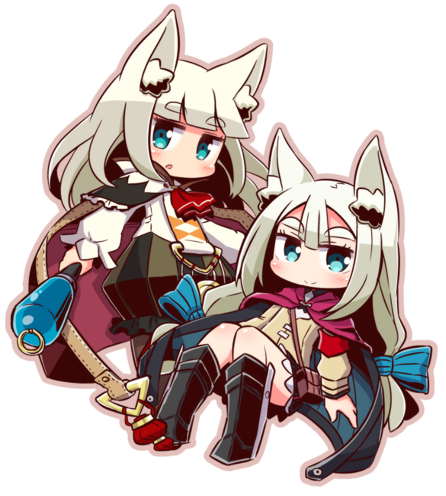 2girls 7th_dragon 7th_dragon_(series) 7th_dragon_2020 :o animal_ear_fluff animal_ears armband armored_boots black_cape black_footwear black_skirt blue_bow blue_cape blush boots bow brown_cape brown_jacket brown_outline bubble_skirt cape chibi closed_mouth commentary_request fox_ears hair_between_eyes hair_bow holding holding_wand ikurakun_(7th_dragon) jacket knee_boots long_hair long_sleeves looking_at_viewer lucier_(7th_dragon) mage_(7th_dragon) multicolored_cape multiple_girls naga_u outline parted_lips pleated_skirt red_neckwear shirt shitorin_(7th_dragon) skirt sleeves_past_wrists smile striped_bow striped_clothes striped_skirt thick_eyebrows vertical-striped_clothes vertical-striped_skirt very_long_hair wand white_background white_hair white_shirt
