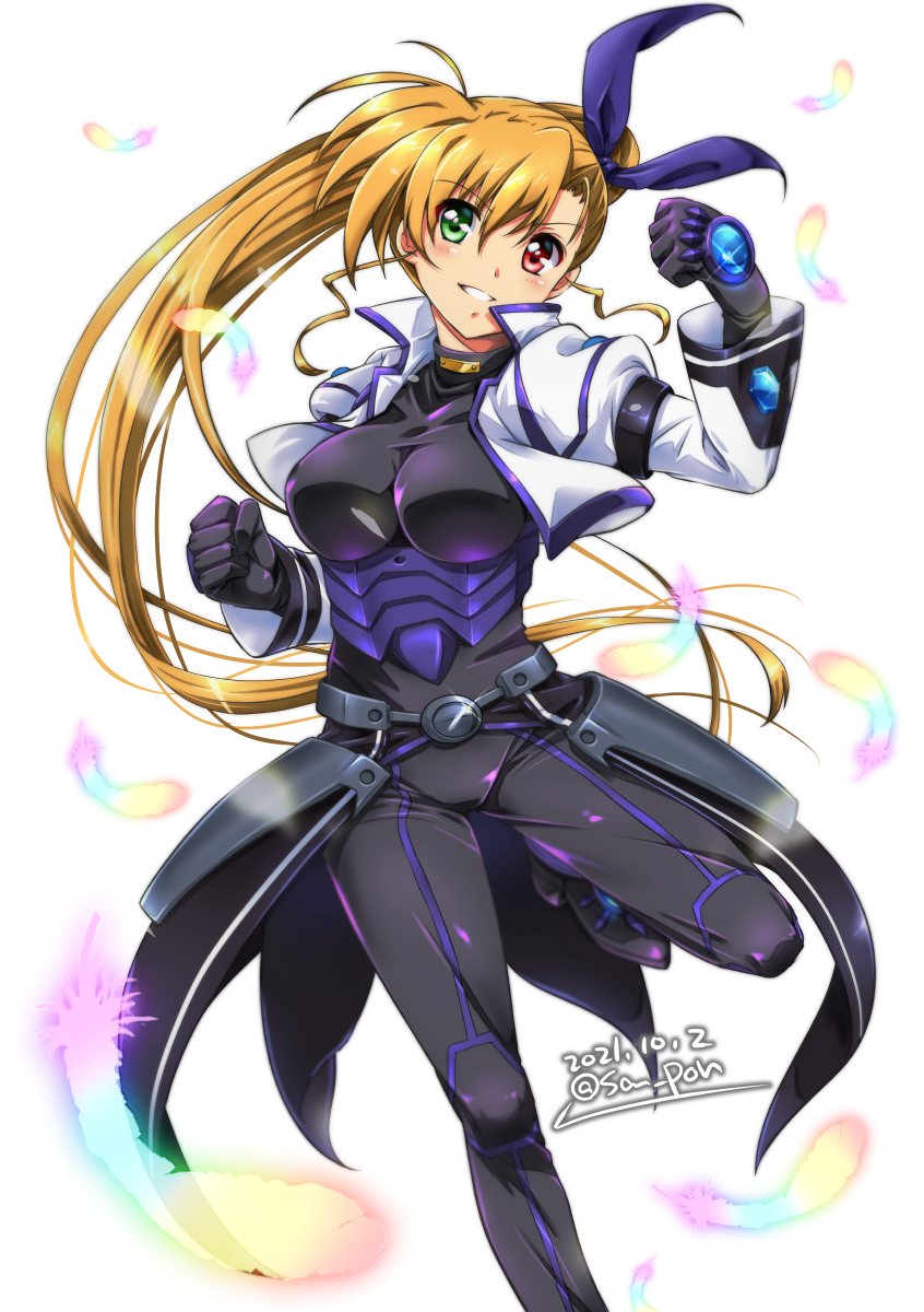 1girl artist_name black_bodysuit blonde_hair blush bodysuit breasts dated hair_ribbon heterochromia highres large_breasts long_hair lyrical_nanoha magical_girl mahou_shoujo_lyrical_nanoha_strikers mahou_shoujo_lyrical_nanoha_vivid ponytail ribbon san-pon side_ponytail signature simple_background smile solo vivio