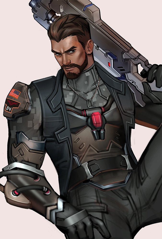 1boy arm_up armor beard belt black_belt black_gloves black_pants black_vest brown_eyes brown_hair commentary compression_shirt dark-skinned_male dark_skin dog_tags english_commentary facial_hair forked_eyebrows gloves gun hand_on_own_leg holding holding_gun holding_weapon looking_to_the_side male_focus mistermagnolia official_alternate_costume open_clothes open_vest overwatch overwatch_1 pants reaper_(overwatch) short_hair sideways_glance simple_background soldier_24_(overwatch) solo vest weapon white_background