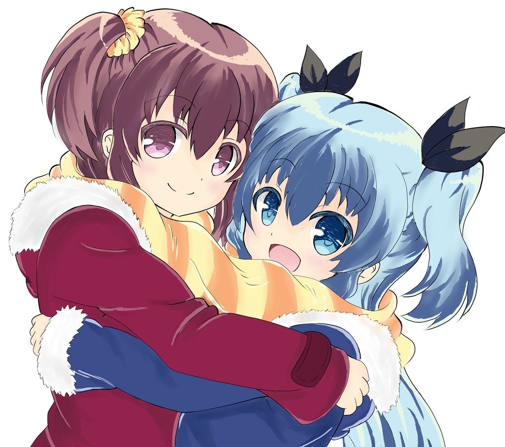 2girls blue_eyes blue_hair closed_mouth feet_out_of_frame female_focus hug komiya_nonoka long_hair multiple_girls noel_(sora_no_method) nothern_sphere open_mouth scarf simple_background smile sora_no_method standing white_background