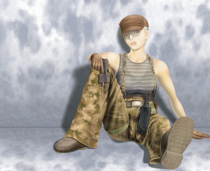 1girl an/peq-6 baseball_cap blue_eyes breasts buzz_cut camouflage camouflage_pants combination_weapon female_focus flashlight gloves gun h&amp;k_mark_23 h&amp;k_usp handgun hat heckler_&amp;_koch insight_technology knife knife_gun konami large_breasts laser_aiming_module laser_pointer laser_sight lips match_grade match_grade_firearm match_grade_pistol metal_gear_(series) metal_gear_solid metal_gear_solid_2:_sons_of_liberty military nrs-2 nrs-2_scout_firing_knife offensive_handgun olga_gurlukovich pants pistol s_(wumfma) short_hair sitting solo spetsnaz striped survival_knife tactical_light tank_top tsniitochmash tula_arms_plant very_short_hair weapon