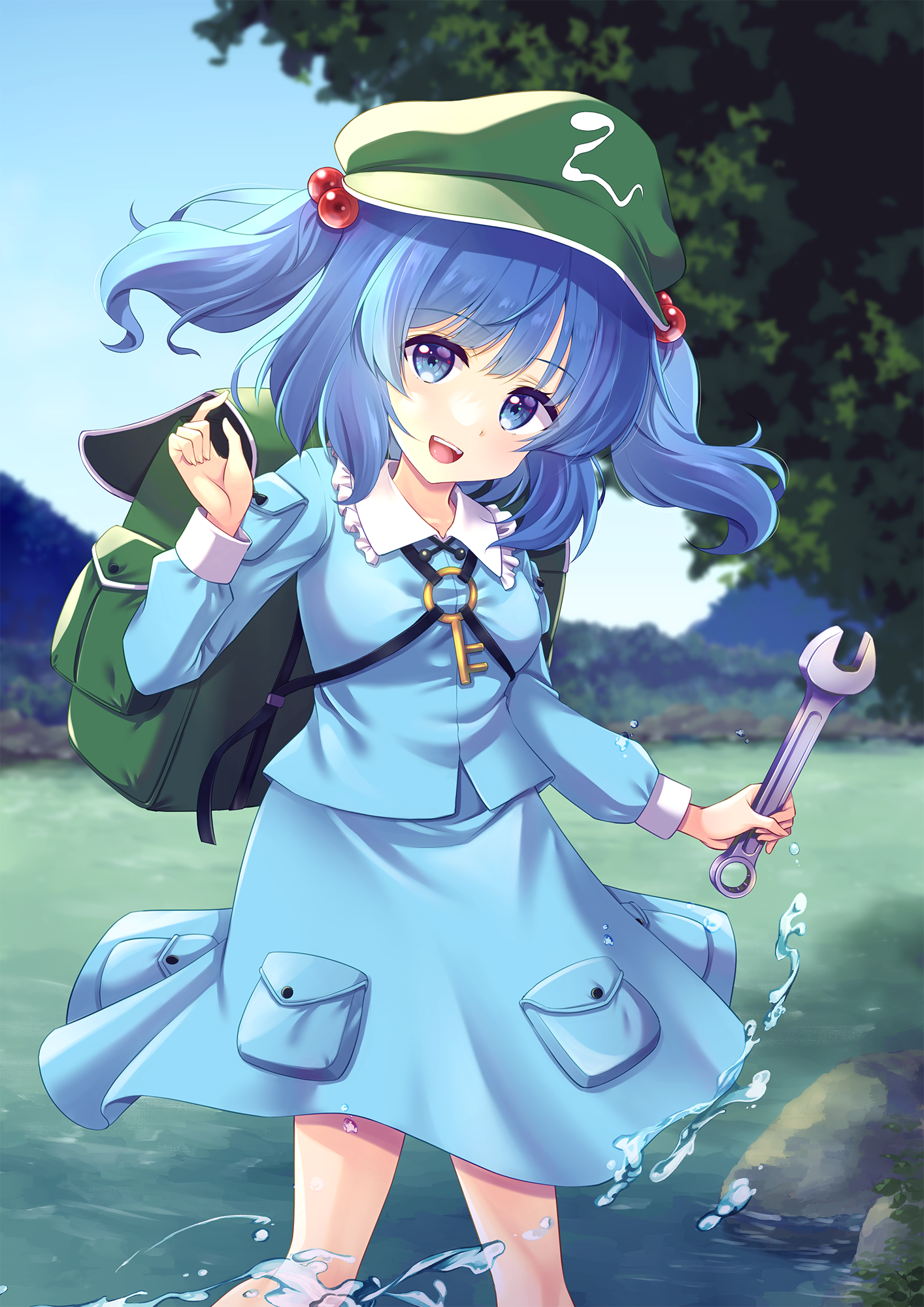 1girl :d backpack bag blue_eyes blue_hair blue_skirt breasts cabbie_hat day feet_out_of_frame green_hat hair_bobbles hair_ornament hand_up hat highres holding holding_wrench kawashiro_nitori key long_sleeves looking_at_viewer medium_hair murasaki_atsushi open_mouth outdoors pocket shirt skirt sky small_breasts smile solo splashing standing teeth touhou two_side_up upper_teeth_only wading water wrench