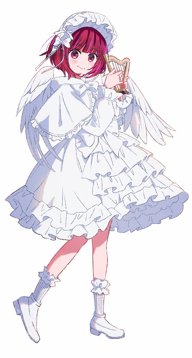 1girl angel angel_wings arima_kana bob_cut capelet dress frilled_capelet frilled_dress frilled_hairband frilled_sleeves frilled_socks frills full_body hairband harp highres holding holding_harp holding_instrument instrument inverted_bob kneehighs looking_at_viewer music oshi_no_ko playing_instrument red_eyes red_hair ribbon socks solo walking white_background white_capelet white_dress white_footwear white_ribbon white_socks wings yamabukiyuki