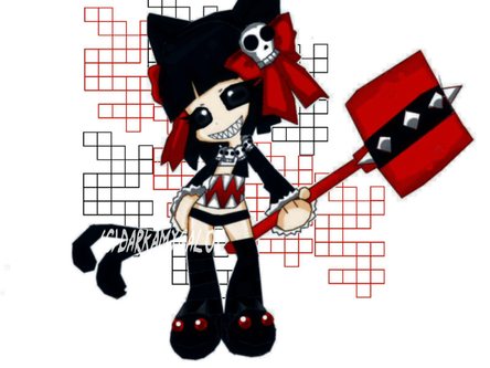 1girl animal_ears blunt_bangs bow cat_ears chibi grin hair_bow hair_ornament looking_at_viewer lowres multiple_tails original toy_hammer ryu_(gaquarium) short_hair skull skull_hair_ornament smile standing tail weapon