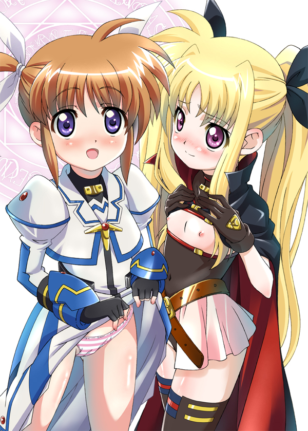 10s 2girls black_gloves blonde_hair blue_eyes blush brown_hair cape clothes_lift dress dress_lift fate_testarossa fate_testarossa_(movie_1st_form) fingerless_gloves flat_chest gloves hair_ribbon leotard long_hair looking_at_another looking_at_viewer lyrical_nanoha magic_circle magical_girl mahou_shoujo_lyrical_nanoha mahou_shoujo_lyrical_nanoha_the_movie_1st miyajima_hitoshi multiple_girls open_mouth panties pink_panties purple_eyes ribbon shirt_lift smile striped_clothes striped_panties takamachi_nanoha takamachi_nanoha_(movie_1st_mode) thighhighs underwear white_dress
