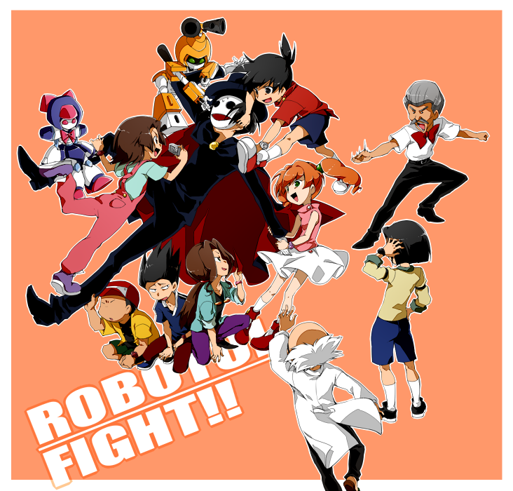 3girls 6+boys agata_hikaru aged_up ahoge amazake_arika baseball_cap black_hair blue_eyes blue_jacket blue_shirt bow bowtie brass_(medarot) brown_hair camera cape dr._akihabara_(medarot) gloves hat humanoid_robot iwanoi jacket junmai_karin kagamiyama kaitou_retort karakuchi_kouji kikuhime kinako_(moment) long_hair mask medarot medarot_2 medawatch metabee mr._referee multiple_boys multiple_girls orange_hair overalls pink_overalls pink_shirt ponytail red_shirt robot saint_nurse shirt short_hair short_ponytail shorts skirt sleeveless sleeveless_shirt sleeveless_turtleneck smile spiked_hair tenryou_ikki top_hat turtleneck twintails watch white_skirt wristwatch yellow_jacket