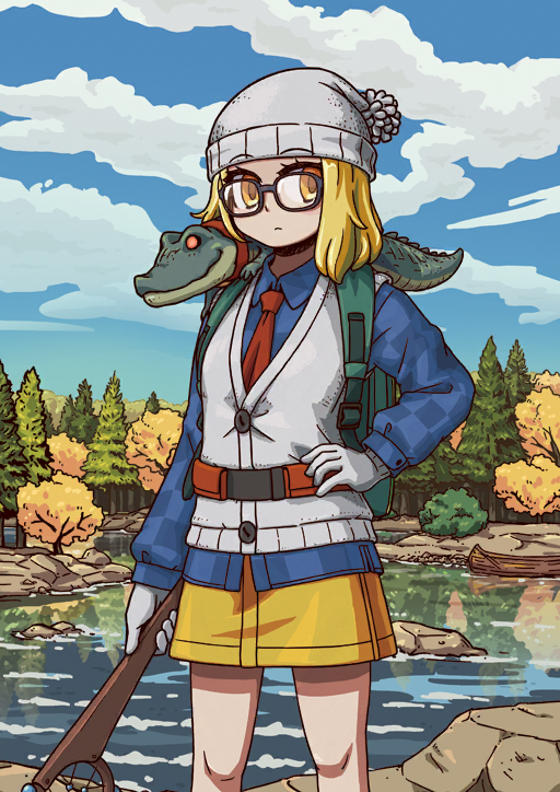 1girl alligator animal animal_on_shoulder arm_at_side backpack bag beanie black-framed_eyewear blonde_hair blue_shirt blue_sky breasts buttons closed_mouth cloud collared_shirt crocodilian day expressionless fate/grand_order fate_(series) feet_out_of_frame game_cg glasses gloves green_bag hand_on_own_hip hat holding long_sleeves looking_to_the_side mike_fink_(fate) nature necktie object_request official_art orange_eyes outdoors paul_bunyan_(fate) pom_pom_(clothes) pom_pom_beanie red_necktie river riyo_(lyomsnpmp) shirt short_hair skirt sky small_breasts solo standing sunlight super_bunyan_(fate) super_bunyan_(second_ascension)_(fate) sweater_vest third-party_source variant_set vest white_gloves white_hat white_vest wing_collar yellow_skirt
