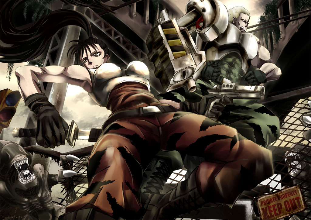 1990s_(style) 1boy 1girl alien alien_(series) alien_vs._predator aliens_(1986) angry arm_cannon armor arnold_schwarzenegger bad_anatomy bad_id bad_pixiv_id battle camouflage capcom city claws colonial_marine cyborg dutch_angle dutch_schaefer fangs gloves gun handgun katana linn_kurosawa manly monster muscular nikki_(donbe) ponytail predator_(series) retro_artstyle science_fiction shouting soldier sword toned toned_female weapon xenomorph