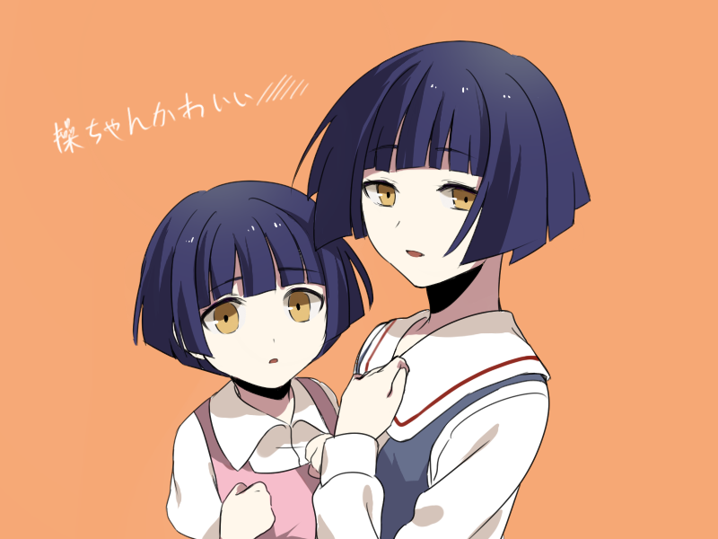 1girl aaniko aged_down alternate_hair_length alternate_hairstyle blue_hair blunt_bangs blunt_ends child clenched_hand collared_shirt dark_blue_hair dual_persona furukawa_misao grey_overalls hand_on_own_chest long_sleeves looking_at_viewer looking_away misao orange_background overalls parted_lips pink_overalls purple_hair sailor_collar shirt short_hair simple_background translated upper_body white_sailor_collar white_shirt yellow_eyes