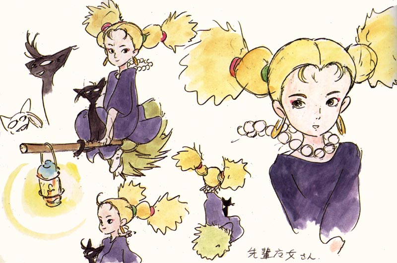1980s_(style) 1girl alternate_hair_color black_cat blonde_hair broom broom_riding cat concept_art earrings jewelry lantern majo_no_takkyuubin multi-tied_hair necklace oldschool pearl_necklace retro_artstyle senior_witch_(majo_no_takkyuubin) sidesaddle studio_ghibli witch