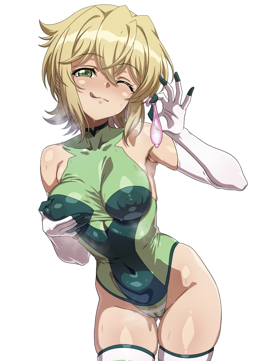 1girl akatsuki_kirika blonde_hair breasts cameltoe condom covered_erect_nipples covered_navel grabbing_own_breast green_eyes green_leotard highres impossible_clothes impossible_leotard leotard looking_at_viewer medium_breasts one_eye_closed senki_zesshou_symphogear shiny_skin short_hair simple_background skin_tight skindentation smile solo standing striped_clothes sweat syunzou thighhighs used_condom white_background white_thighhighs
