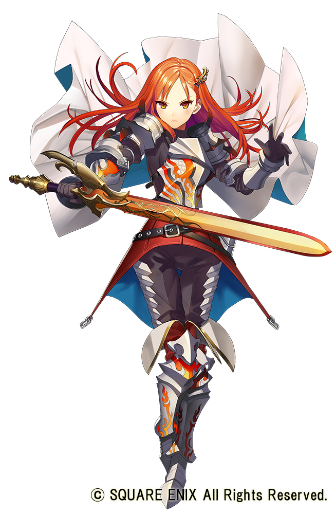 1girl armor armored_boots belt boots cape copyright_notice full_body gaou_(umaiyo_puyoman) grimms_notes hair_ornament hairpin holding holding_sword holding_weapon legia_salamander_(grimms_notes) long_hair official_art red_eyes red_hair simple_background sword weapon white_background