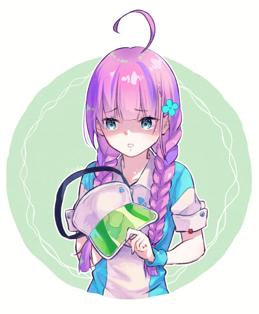 1girl ahoge aqua_eyes braid clover_hair_ornament date_akari hair_ornament heaven_burns_red long_hair multicolored_hair oage_(o_ag_e4) purple_hair sportswear streaked_hair tennis_uniform twin_braids visor_cap