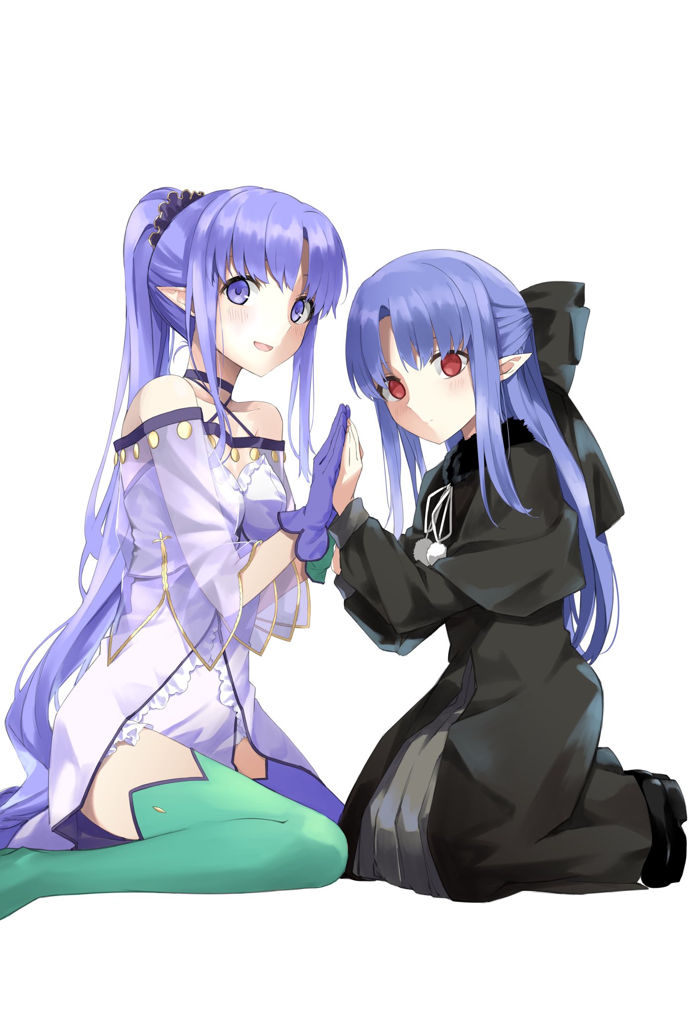 2girls bare_shoulders black_dress blue_hair blush bow breasts capelet chiizu_ore commission dress expressionless fate/grand_order fate_(series) gloves hair_bow highres kagetsu_tooya kneeling len_(tsukihime) medea_(fate) medea_lily_(fate) multiple_girls palms_together pointy_ears ponytail purple_eyes purple_hair red_eyes second-party_source sidelocks sitting skeb_commission small_breasts smile thighhighs tsukihime white_dress