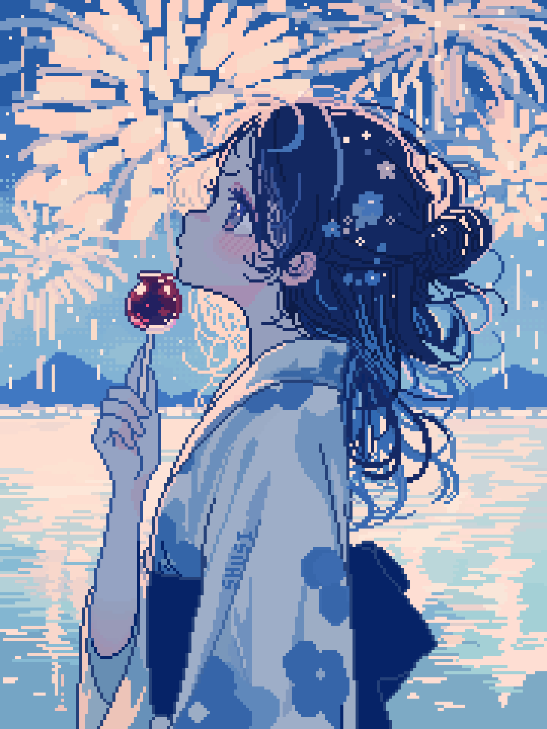 1girl aerial_fireworks blue_theme blush candy_apple cowboy_shot eyelashes fireworks flower food hair_flower hair_ornament hairclip highres holding holding_candy_apple holding_food japanese_clothes kimono lake long_hair long_sleeves looking_afar mountainous_horizon night night_sky original outdoors pixel_art profile shusi_(6muuu3) sky solo standing