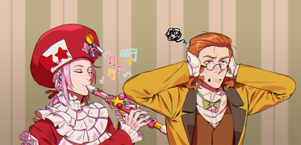 2boys brown_hair brown_vest classicaloid closed_eyes commentary_request covering_own_ears flute forehead franz_schubert_(classicaloid) glasses gloves hat hat_ornament indoors instrument jacket long_hair male_focus multiple_boys music musical_note playing_instrument recorder red_hat red_shirt sf_jd shirt short_hair squiggle striped_background vest wallpaper_(object) white_gloves white_shirt wolfgang_amadeus_mozart_(classicaloid) yellow_jacket