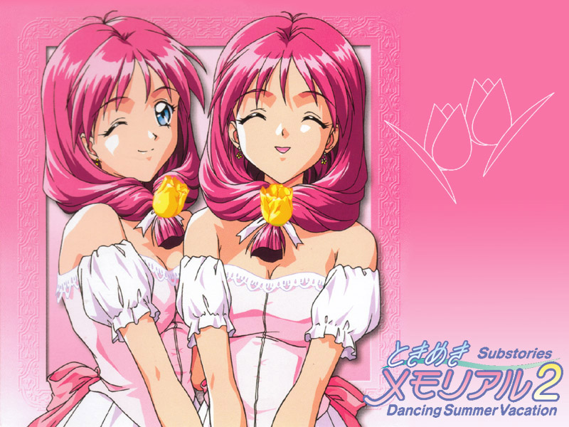 1990s_(style) 2girls ^_^ blue_eyes breasts cleavage closed_eyes earrings flower front_ponytail jewelry kokura_masashi multiple_girls official_art official_wallpaper one_eye_closed pink_background pink_hair pink_theme retro_artstyle scan shirayuki_maho shirayuki_miho siblings sisters smile tokimeki_memorial tokimeki_memorial_2 twins twintails waitress wink