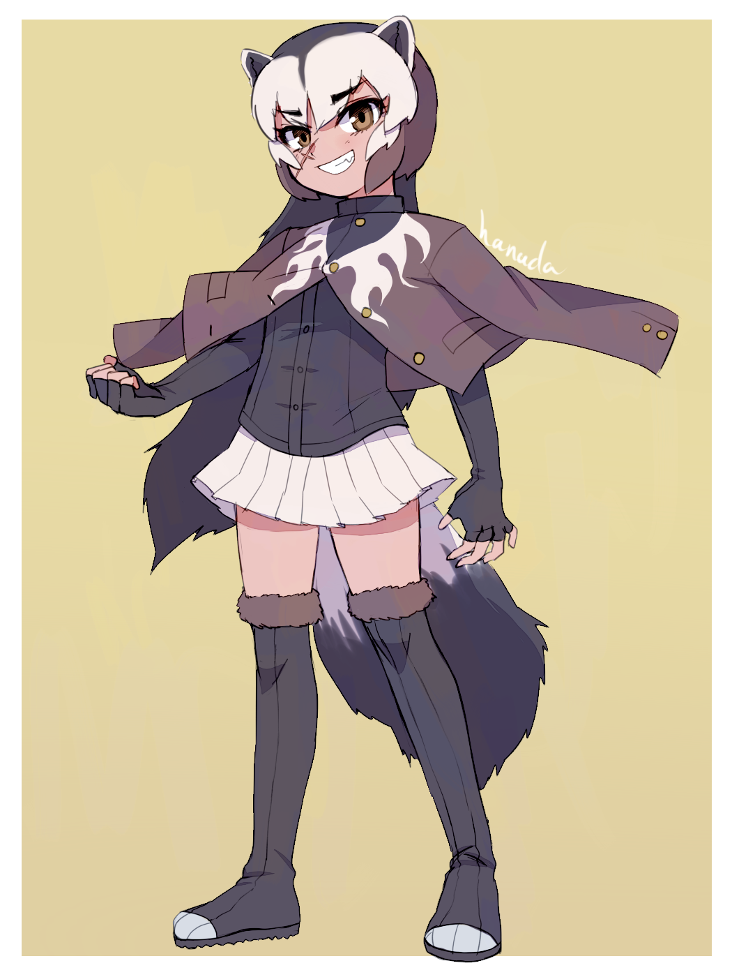 1girl animal_ears artist_name black_gloves black_hair boots brown_eyes brown_hair clenched_hand elbow_gloves fang female_focus fingerless_gloves full_body fur-trimmed_boots fur_trim gloves grin hanada_(cobalt003) highres jacket jacket_on_shoulders kemono_friends long_hair multicolored_hair pleated_skirt scar scar_on_face simple_background skirt smile solo teeth thigh_boots thighhighs very_long_hair white_hair white_skirt wolverine_(kemono_friends) yellow_background zettai_ryouiki